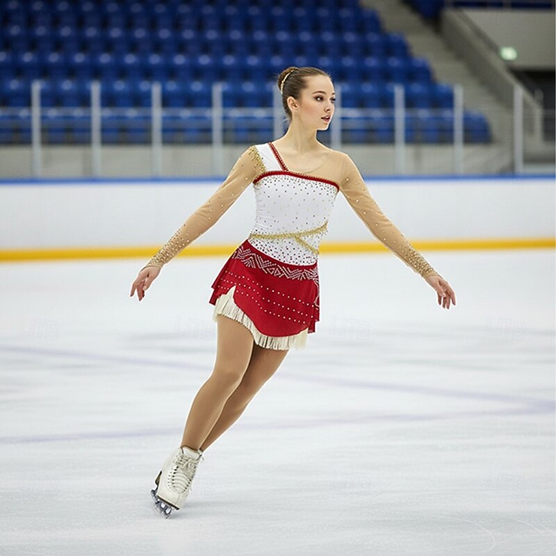Figure Skating Dress Women's Girls' Ice Skating Dress Red White Patchwork Thumbhole Mesh Spandex Stretchy Training Practice Professional Skating Wear Thermal Warm Crystal / Rhinestone Long Sleeve Ice