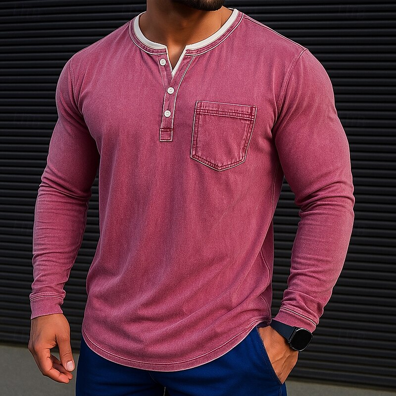 Men's Henley Shirt Long Sleeve Henley Spring Fall All Seasons Vintage Retro Vintage Casual 2 in 1 Front Pocket Casual Gray Wine Purple Top Tee for Men