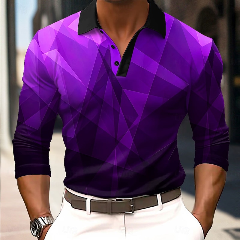 Men's Geometic Polo Long Sleeve Polo Shirts Collared Shirts Business Casual Business Athleisure Daily Wear 3D Print Buttons Spring Fall Winter Blue Purple Orange3