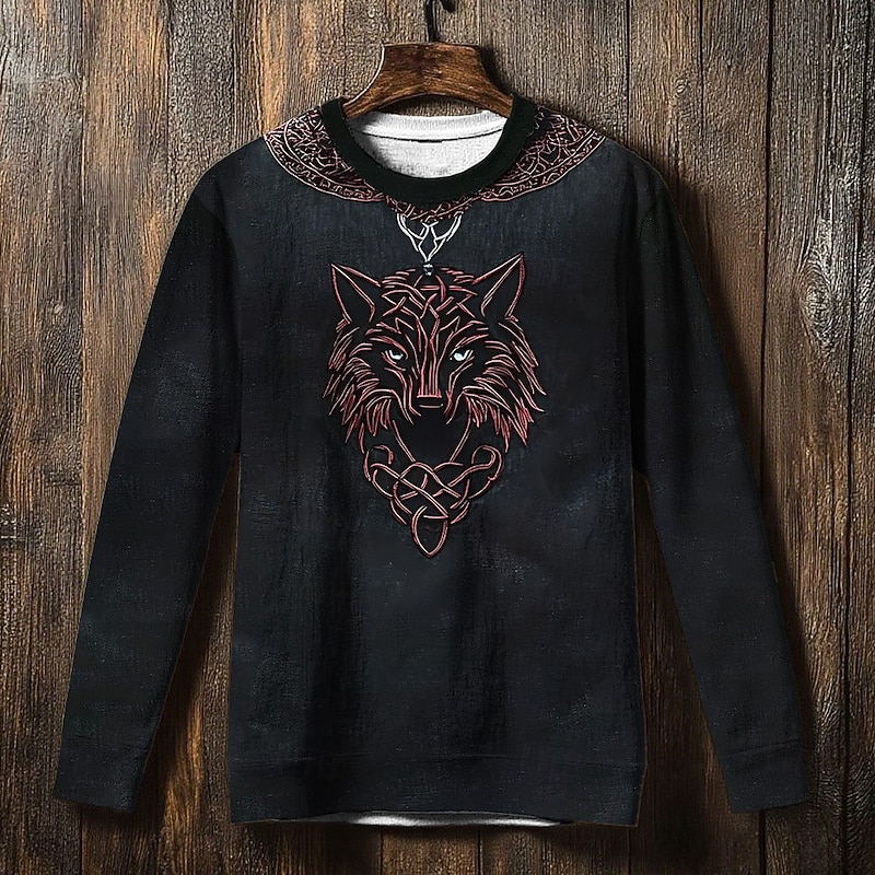 Men's Sweatshirt Black Blue Crew Neck Wolf Celtic Knot Print Casual Daily Holiday Vintage Viking Fall Winter Clothing Apparel Hoodies Sweatshirts3