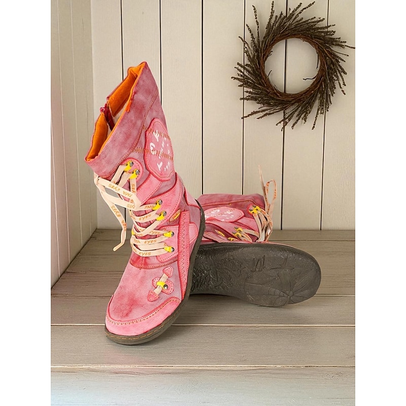 Women's Red Lace-Up Mid-Calf Combat Boots with Fleece Lined, Vintage Farmhouse Style Comfortable Handmade Boots for Casual Outfits & Outdoor Winter Wear3