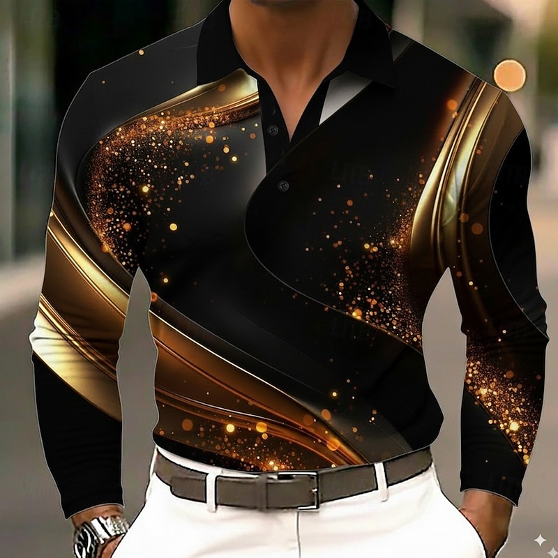 Men's Abstract Geometic Polo Long Sleeve Polo Shirts Lapel Casual Outdoor Street Athleisure Daily Wear 3D Print Buttons Spring Fall Winter Blue Gold Green