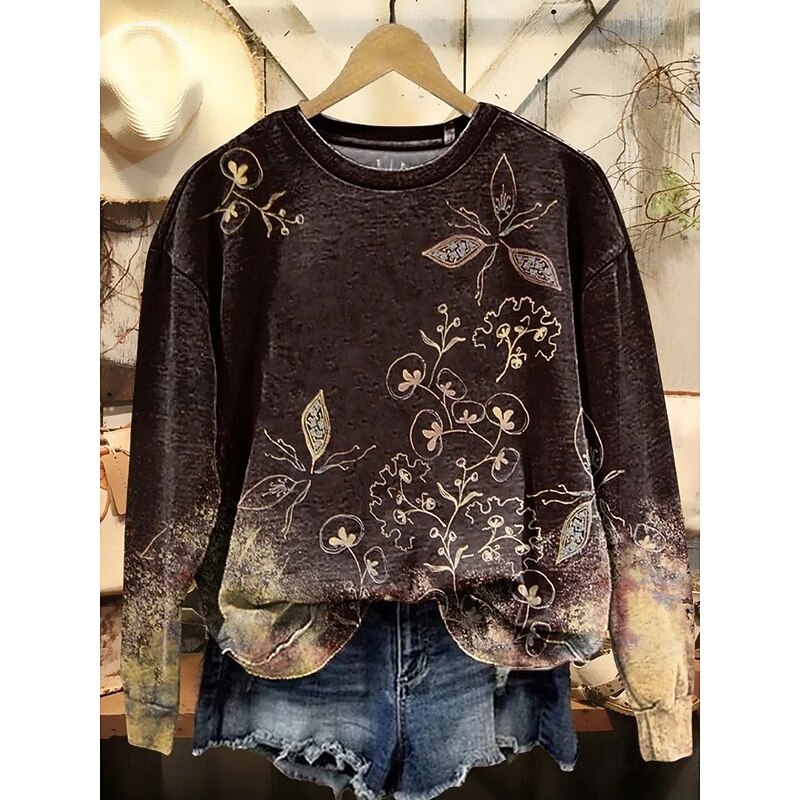 Women's Pullover Sweatshirt Floral Graphic Casual Long Sleeve Crew Neck Regular Tops Home Work Street Brown Spring Fall Winter
