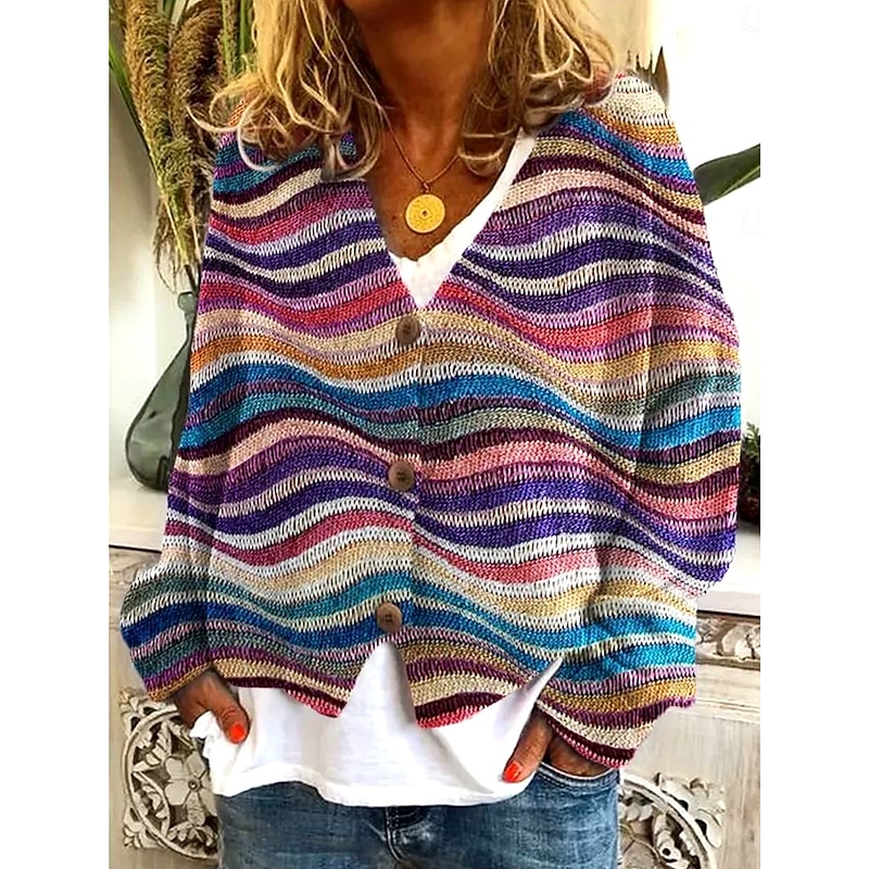 Women's Sweater Cardigan Elegant Vintage Fashion Floral Geometric Striped V Neck Pocket Knitted Print Long Sleeve Regular Tops Knit Outdoor Daily Weekend Red Purple Fall Winter2
