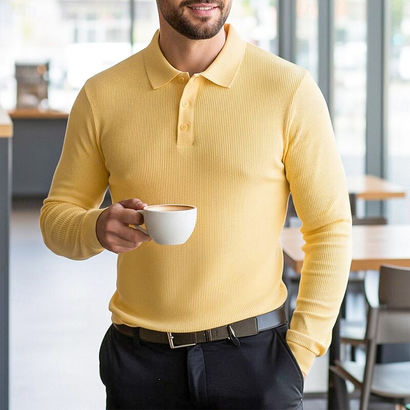 Men's Golf Polos Shirts Waffle Knit Polo Shirt Business Casual Ribbed Polo Collar Long Sleeve Fashion Basic Solid Color Textured Knitting Fall Winter Regular Fit Black White Yellow Burgundy Navy Blue3