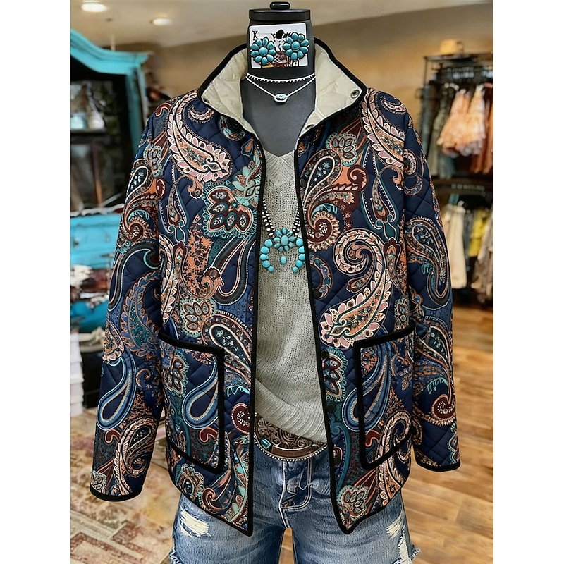 Women's Winter Jacket Quilted Jacket Warm Lightweight Buttons Print Active Vintage Artistic Casual Floral Casual Regular Stand Collar Regular Fit Long Sleeve Outerwear Navy Blue Fall Winter