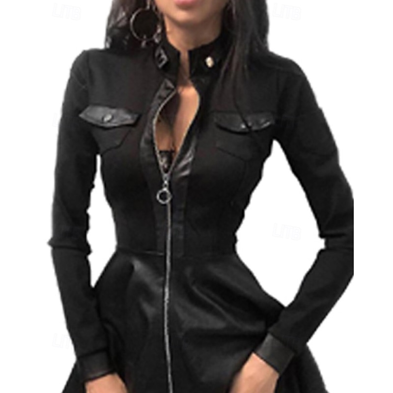 Women's Mini Dress Black Dress Leather Dress Fashion Modern Outdoor Holiday Going out Regular Fit Plain Long Sleeve Stand Collar Black Fall Winter3