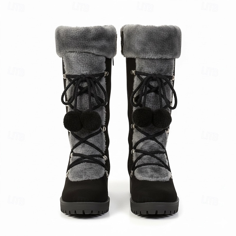 Women's Black Lace-Up Winter Boots with Faux Fur Trim, Pom-Pom Details, and Rugged Non-Slip Sole for Outdoor Snow and Cold Weather Wear4