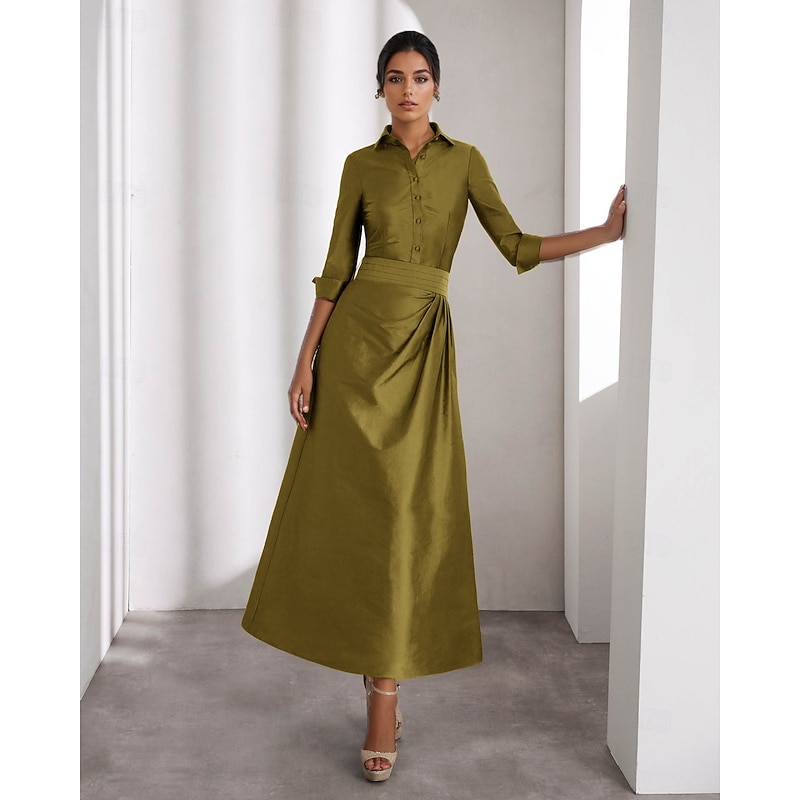 A-Line Mother of the Bride Cocktail Dresses Elegant Formal Wedding Guest Ankle Length Long Sleeve Shirt Collar Taffeta with Slit