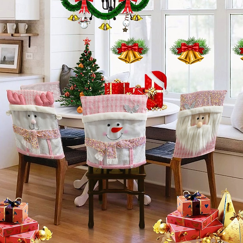 Pink Christmas Chair Covers, Santa Claus Plush Seat Covers for Dining Room and Home Decoration, Festive Holiday Chair Slipcovers for Xmas Atmosphere