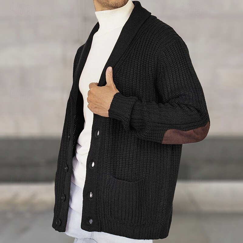Men's Sweater Cardigan Sweater Ribbed Knit Regular Tops Knitted Plain Shawl Collar Vacation Fashion Casual Daily Wear Clothing Apparel Spring &  Fall Black Brown M L XL4