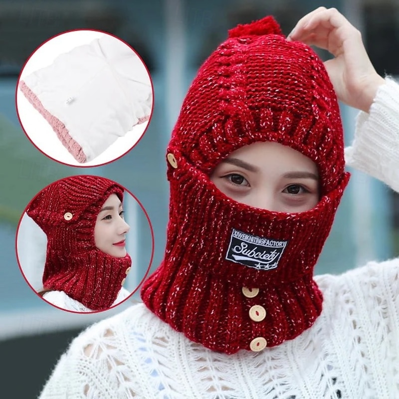 Knitted Hat With Ear Protectors Women Winter Warm Fleece Lined Beanie Scarf Set Thickened Knit Hat Detachable Face Mask Outdoor Cycling Cold Weather Accessories2