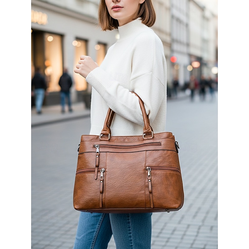 Women's Large Faux Leather Shoulder Tote Bag with Multiple Pockets, Stylish Handbag for Work, Travel and Everyday Use2