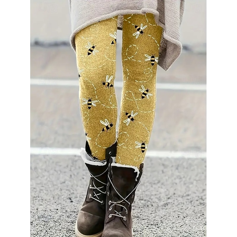 Women's Leggings Vacation Vintage Fashion Ankle-Length High Waist Graphic Leaf Animal Printing Thermal Warm Soft Breathable Stretchy Vacation Street Yellow Spring Fall Winter Slim Fit