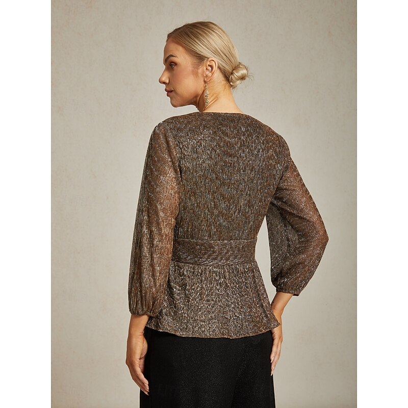 Women's Wrap Tops Sheer Blouse Dressy Tops Elegant Party Stylish Long Sleeve Lantern Sleeve V Neck Regular Tops Wedding Guest Party Evening Wear Semi Formal Pleated Metallic Brown Fall Winter2