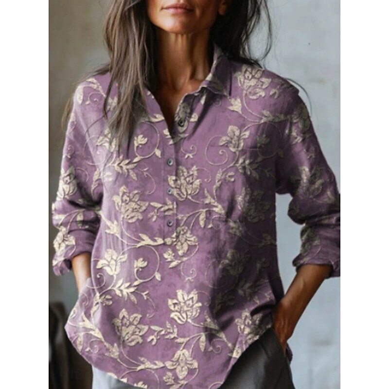 Women's Shirt Floral Stylish Casual Long Sleeve Shirt Collar Regular Tops Daily Pocket Buttons Print White Purple Green Khaki Summer Spring Fall4