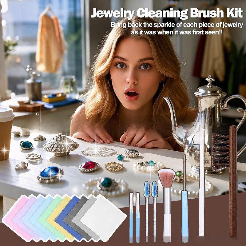 Jewelry Cleaning Kit 18 Pcs Jewelry Cleaner Brush Tool Set-Cleaning Polishing Cloth, Big & Small Hole Brush, Needles and Crevice Brush for All Jewelry, Ring, Gold, Diamond, Earring2