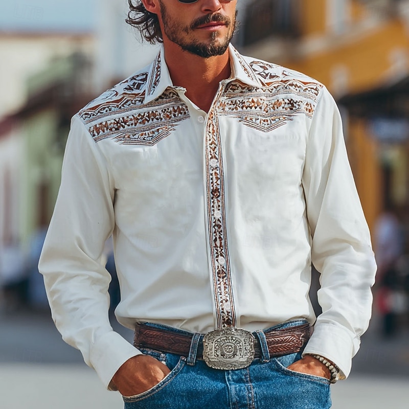 Men's Floral Print Ethnic Flowers Shirt Western Shirt Cowboy Shirt Long Sleeve Vintage Retro Outdoor Vacation Spring Fall Turndown 3D Print Linen Like Shirt Blue Brown Green Gray