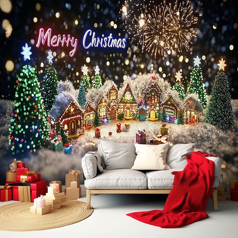 Chrismas Hanging Tapestry Neon Lights Christmas Tree Christmas House Santa Claus Fireworks Large Wall Art Mural Decor Blanket Curtain Holiday Home Bedroom Living Room Festive Party Decoration