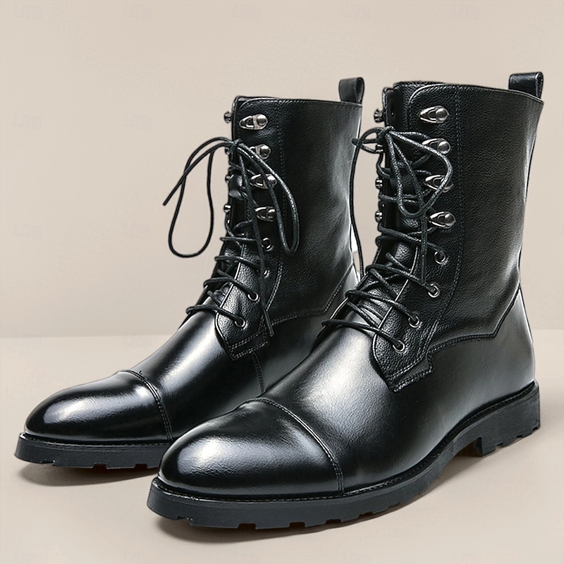 Men's Black Faux Leather Lace-Up Combat Boots with Classic Design, Perfect for Rugged Outdoors, Casual Outings and Everyday Wear