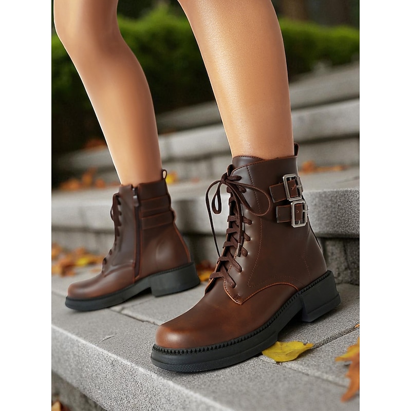 Women's Boots Work Boots Daily Booties Ankle Boots Buckle Low Heel Round Toe Classic Casual Industrial Style Microbial Leather Zipper Lace-up Light Brown Dark Brown Black3