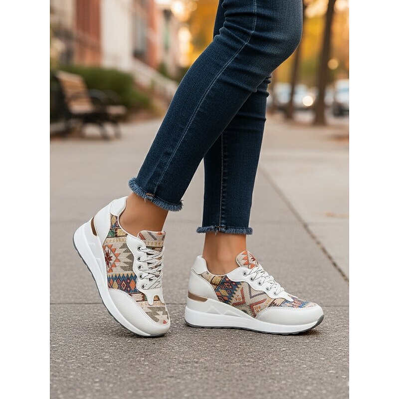 Women's Gold Wedge Sneakers – Lace-Up Platform Trainers with Ethnic Print for Casual Streetwear and Weekend Travel2