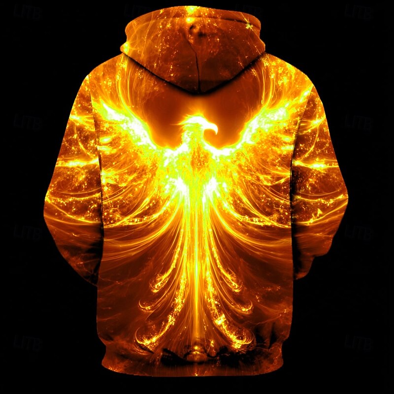 Men's 3D Flame Phoenix Hoodie Sweatshirt Cool Party Crew Neck Club Streetwear Yellow Orange Drawstring Fall Winter Designer2