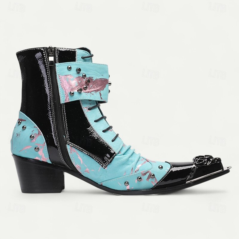 Men's Vintage Cowboy Ankle Boots – Genuine Cowhide Leather with Blue Pattern, Pointed Toe and Buckle Straps for Western Dance, Stage Performance and Party Wear4