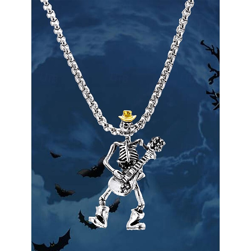 Men's Halloween Skull Guitar Pendant Necklace, Rock Punk Style Metal Chain Jewelry, Suitable for Parties, Concerts and Nightlife4