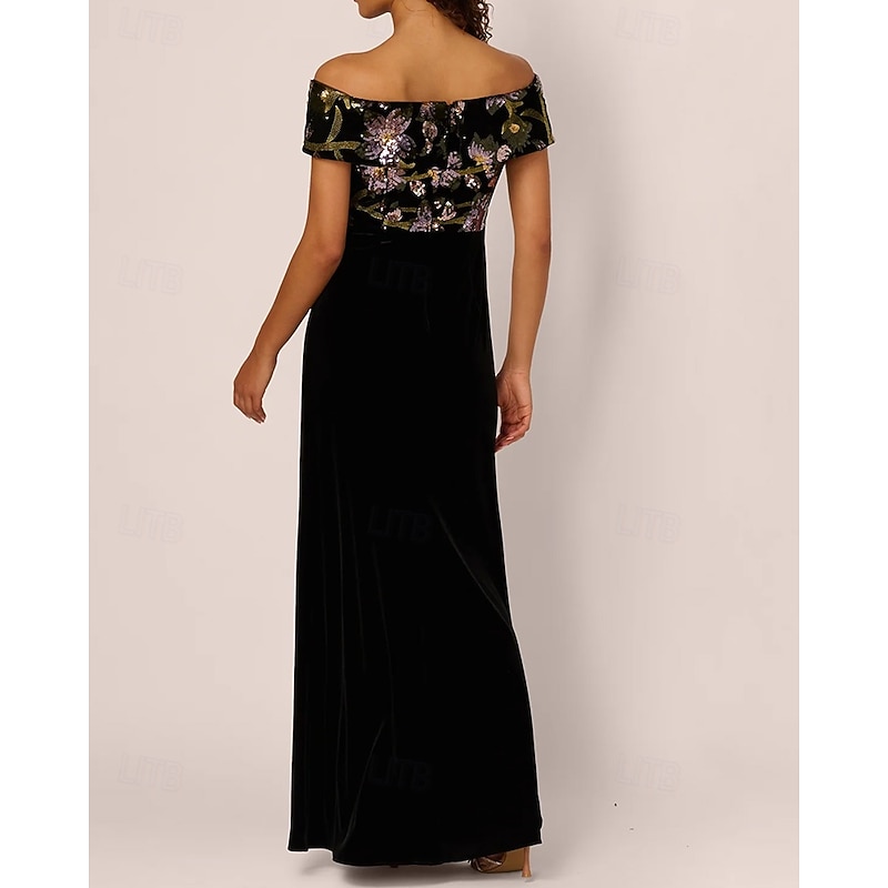 Black Stretch Velvet Floral Sequin Mermaid / Trumpet Sheath / Column Evening Gown Elegant Dress Formal Wedding Floor Length Short Sleeve Off Shoulder Sequined with Ruched Appliques 20253