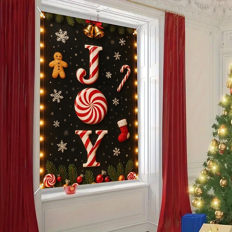 Christmas JOY Candy Cane Curtain, 2025 Xmas Festive Window Curtain Door Cover with Peppermint and Ornaments, Holiday Decoration for Home Party4