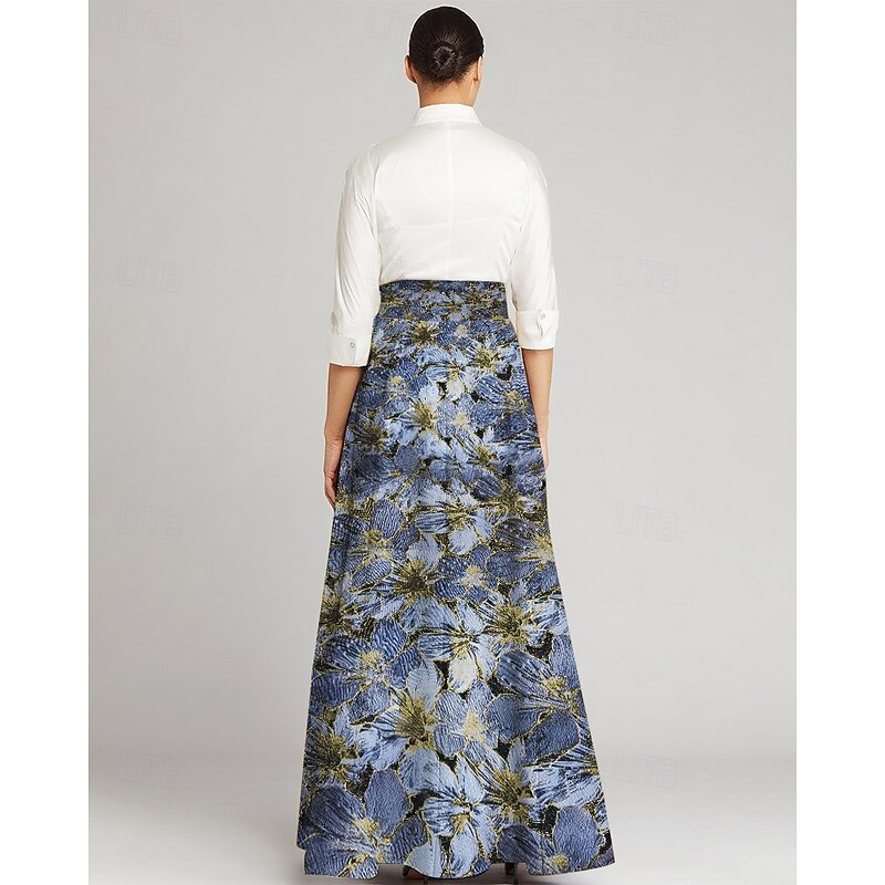 Jacquard Brocade A-Line Mother of the Bride Dress Elegant Vintage Shirt Collar Floor Length Stretch Fabric Long Sleeve with Bow(s) Color Block2