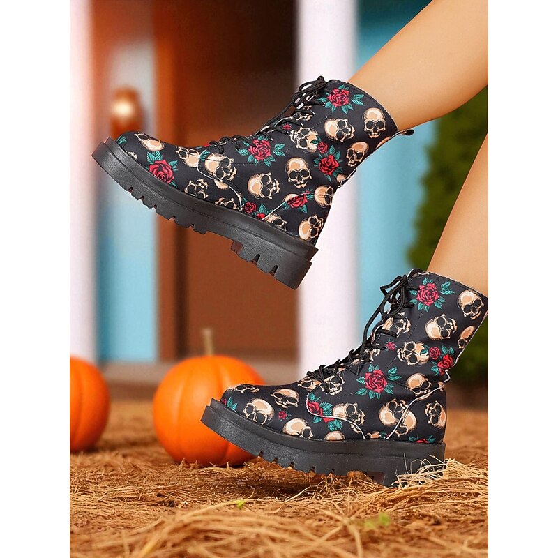 Women's Halloween Skull Print Combat Boots – Lace-Up Chunky Sole Ankle Booties with Roses for Gothic Festival and Cosplay Party Look
