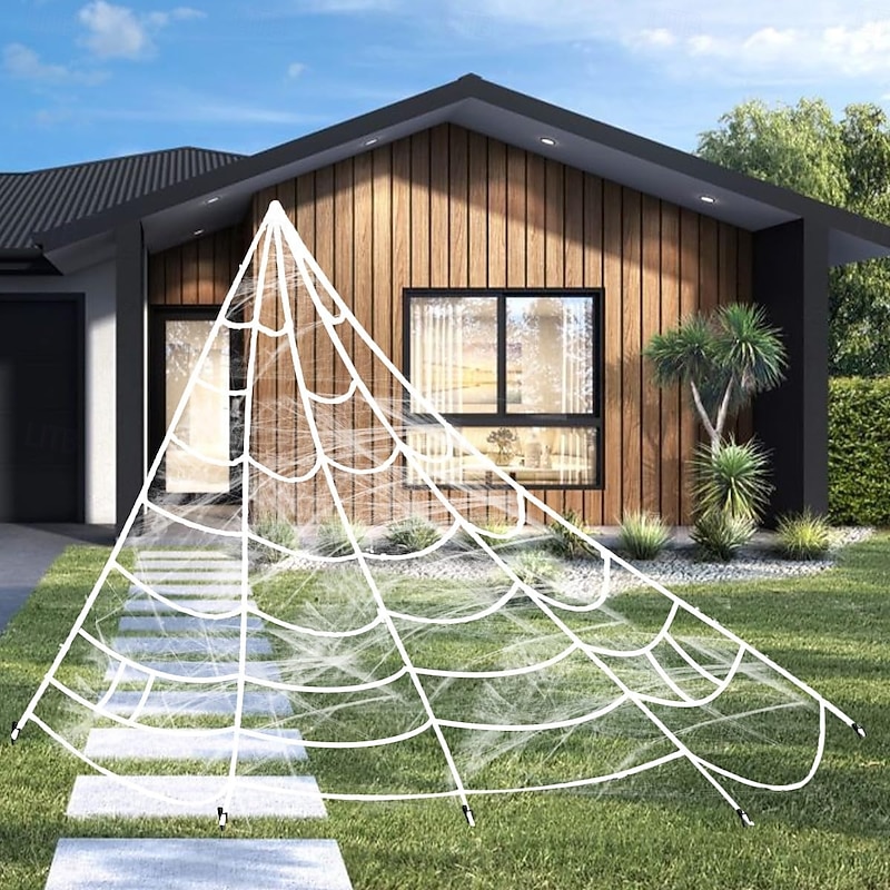 Halloween Spider Web 22.9 X 18 Ft Triangle Web with Gutter Hook Set White Halloween Spider Web with Gutter Hook Set Easy to Decor Outdoor Yard