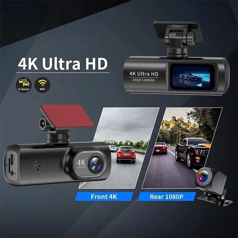 High-definition 4K front and 1080P rear dual-lens dash cam with WiFi mobile connectivity car DVR loop recording comes with a 32GB memory card.2