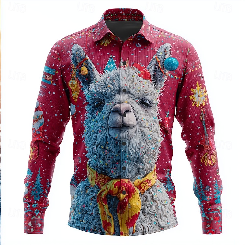 Christmas Men's Animal Sloth Alpaca Shirt Button Up Shirt Long Sleeve Funny Outdoor Holiday Spring Fall Turndown 3D Print Collared Shirts Red 1 Red Khaki Light Blue2