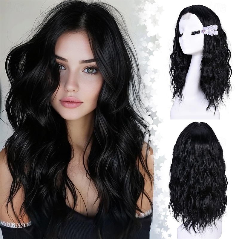 Short Wavy Wigs for Women Black Bob Wave Wig Natural Looking Synthetic Middle Part Lace Front Hair for Everyday Hairstyle 18Inch