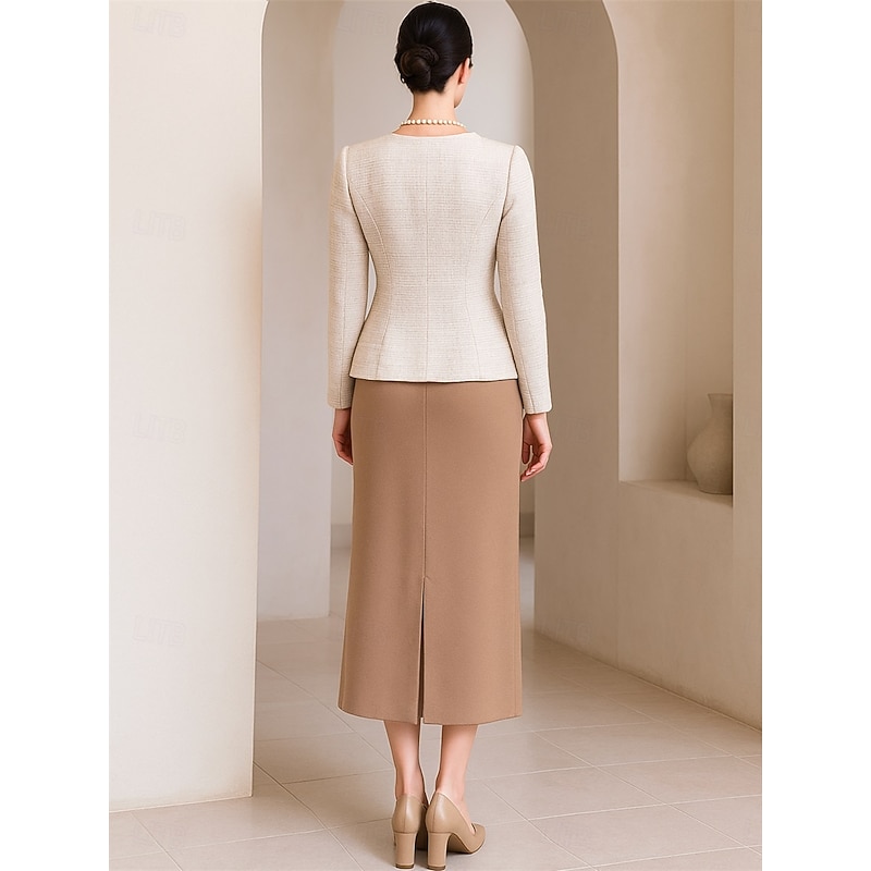 Two Piece A-Line Dress Sets Mother of the Bride Dress Elegant Vintage Crew Neck Tea Length Polyester Long Sleeve with Buttons2