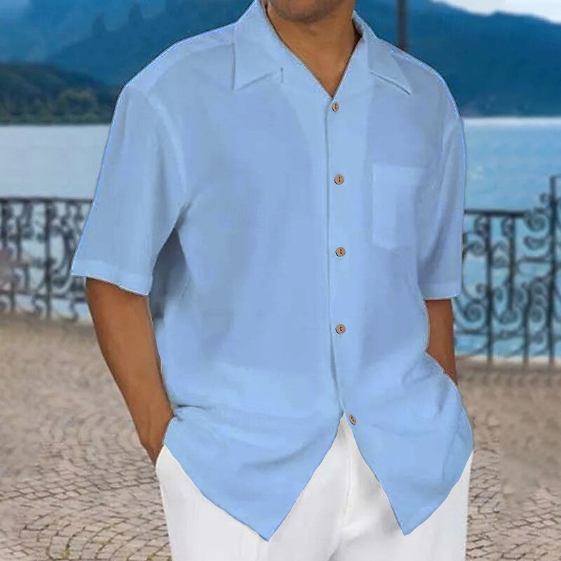 Men's Shirt Summer Shirt Casual Shirt Beach Shirt Button Up Shirt Black White Pink Blue Green Short Sleeve Plain Turndown Vacation Street Front Pocket Clothing Apparel Cotton Cotton Blend Fashion3