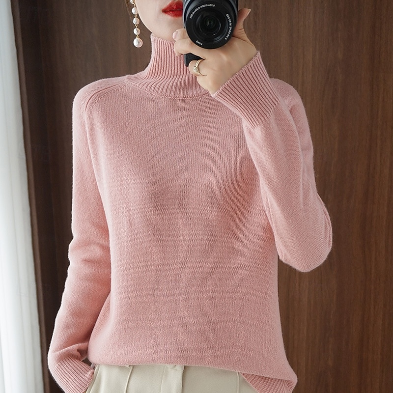 Women's Pullover Sweater Jumper Stylish Casual Soft Solid Color Ribbed Turtleneck Oversized Long Sleeve Regular Tops Knit Outdoor Valentine's Day Daily Black White Fall Winter3