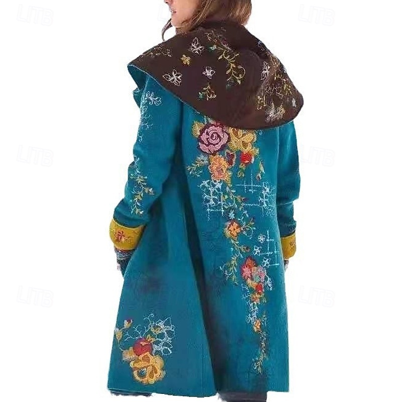 Women's Winter Coat Warm Comfortable Pocket Print Fashion Modern Casual Floral Going out Weekend Long Turndown Regular Fit Long Sleeve Outerwear Blue Green Gray Winter2