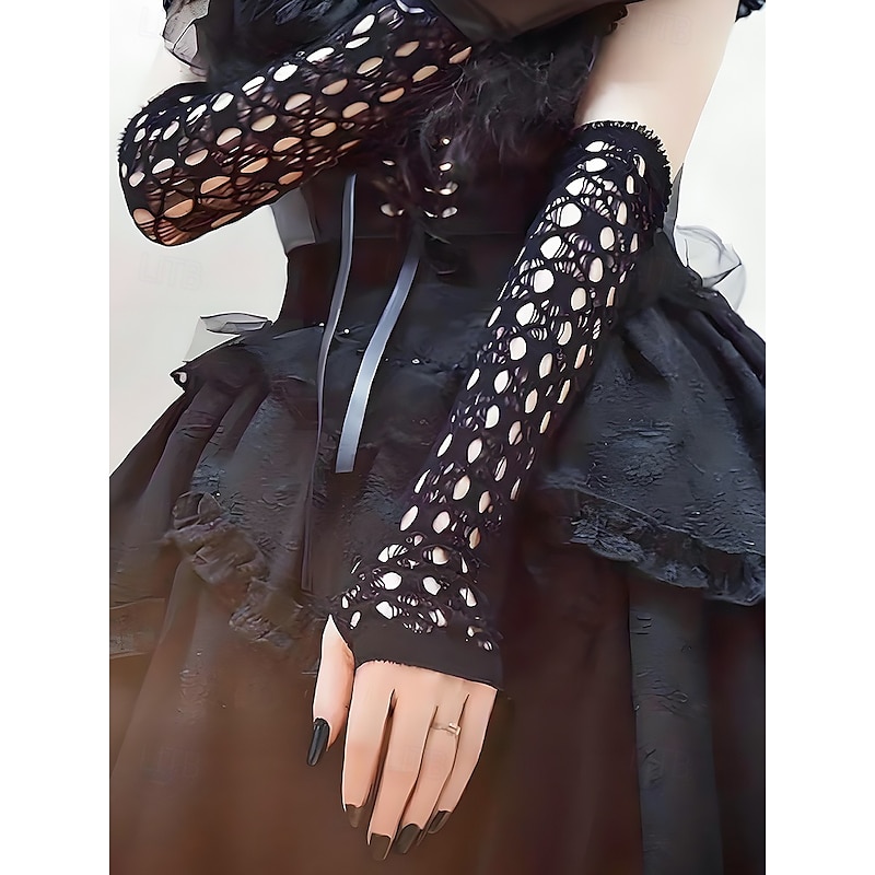 Women's Halloween Gothic Lace Gloves – Black Fishnet Fingerless Arm Warmers for Party, Cosplay and Costume Outfits