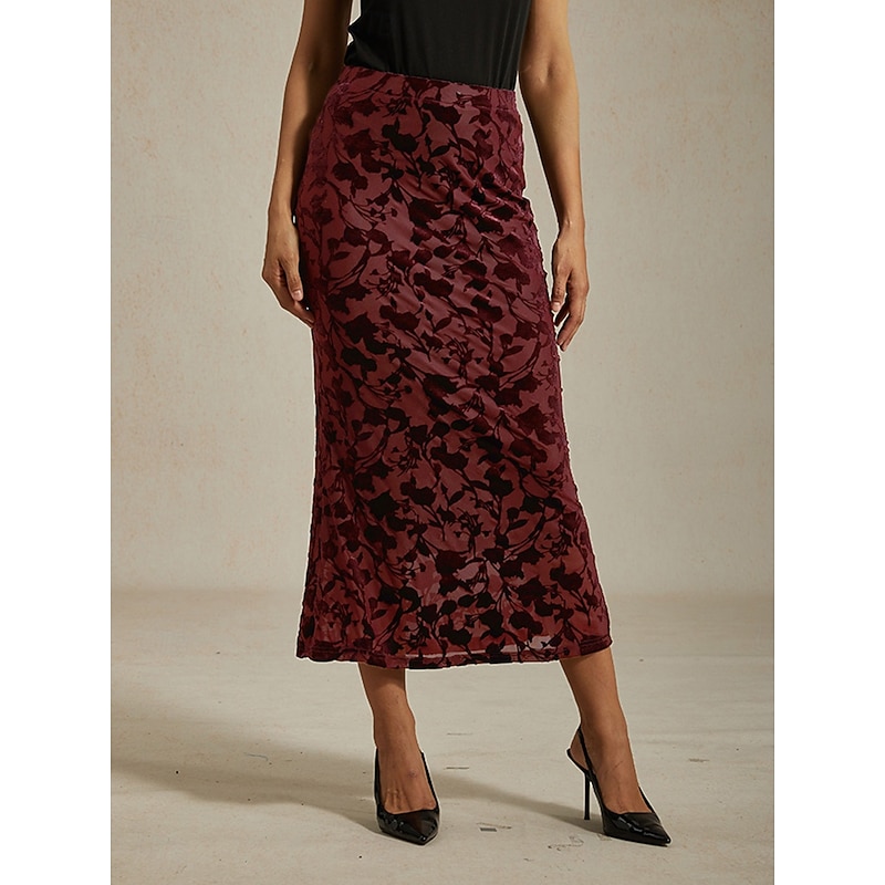 Women's Skirt Trumpet / Mermaid Elegant Vintage Maxi High Waist Skirts Stretchy Wine Spring Velvet4