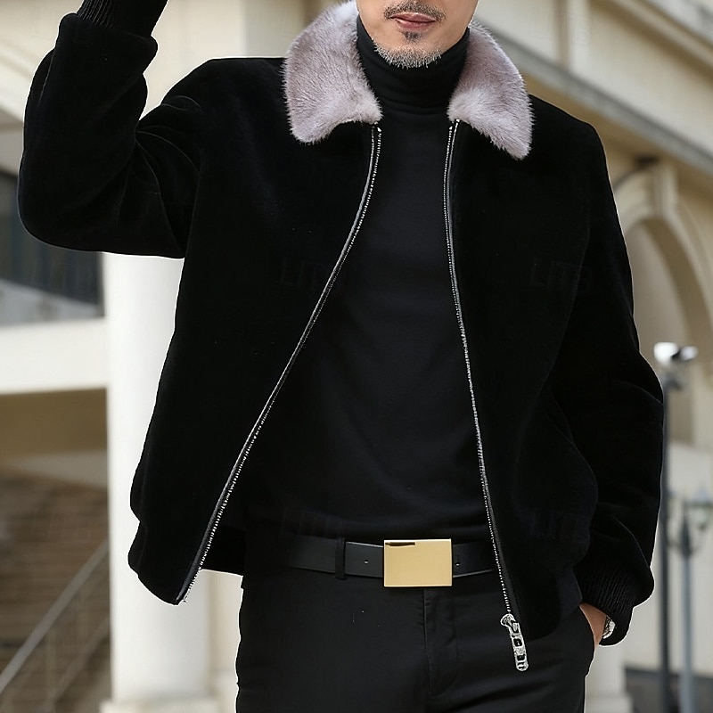 Men's Winter Jacket Casual Jacket Vacation Daily Thermal Warm Fur Trim Pocket Fall Winter Plain Fashion Streetwear Lapel Regular Black Jacket3