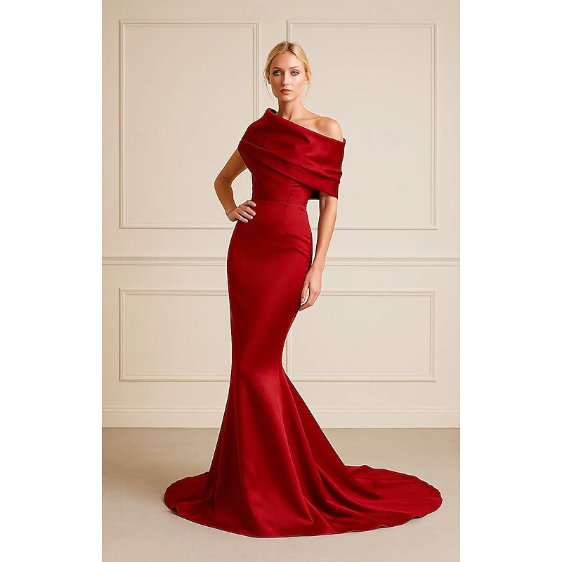 Burgundy Mermaid / Trumpet Evening Gown Elegant Formal Dress Formal Wedding Sweep / Brush Train Sleeveless Off Shoulder Dress Stretch Satin with Pleats 20254