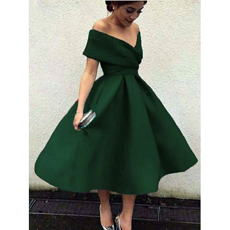 Beach Wedding A-Line Cocktail Dresses Elegant Dress Wedding Guest Homecoming Tea Length Short Sleeve V Neck Stretch Fabric V Back with Pleats Dresses2