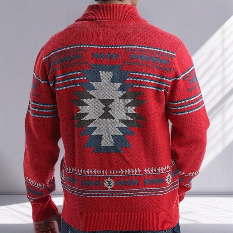 Men's Fair isle Sweater Cardigan Sweater V Neck Casual School Vacation Daily 3D Print Knitting Keep Warm Long Sleeve Spring Fall Winter Red2