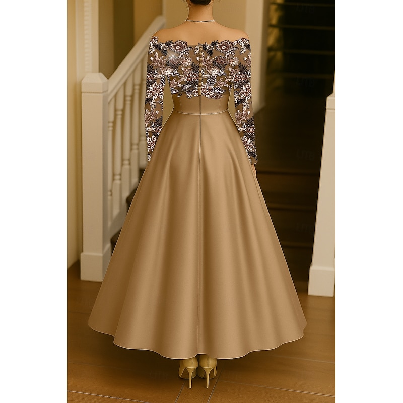 Gold Floral Sequin A-Line Evening Gown Detachable Sleeve Elegant Formal Dress Formal Wedding Tea Length Long Sleeve Off Shoulder Stretch Satin with Appliques 20253
