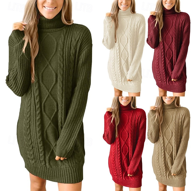 Women's Mini Dress Sweater Dress Fashion Modern Vacation Going out Regular Fit Plain Long Sleeve Turtleneck Black Wine Army Green Khaki Fall Winter