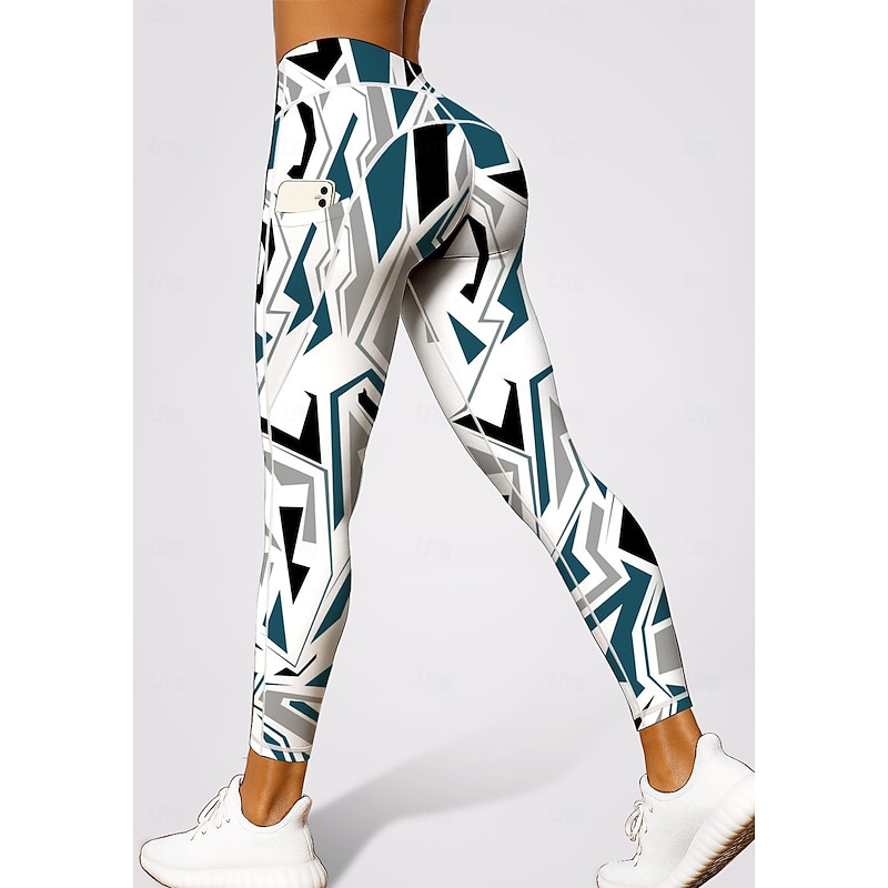 Women's Unisex pilates leggings fitness pants Gym Leggings Pockets Stamp Duty Side Pockets Pilates Gym Gym Workout Pants Tights Leggings Geometry Blue and White Sports Activewear Stretchy Skinny - Main Image